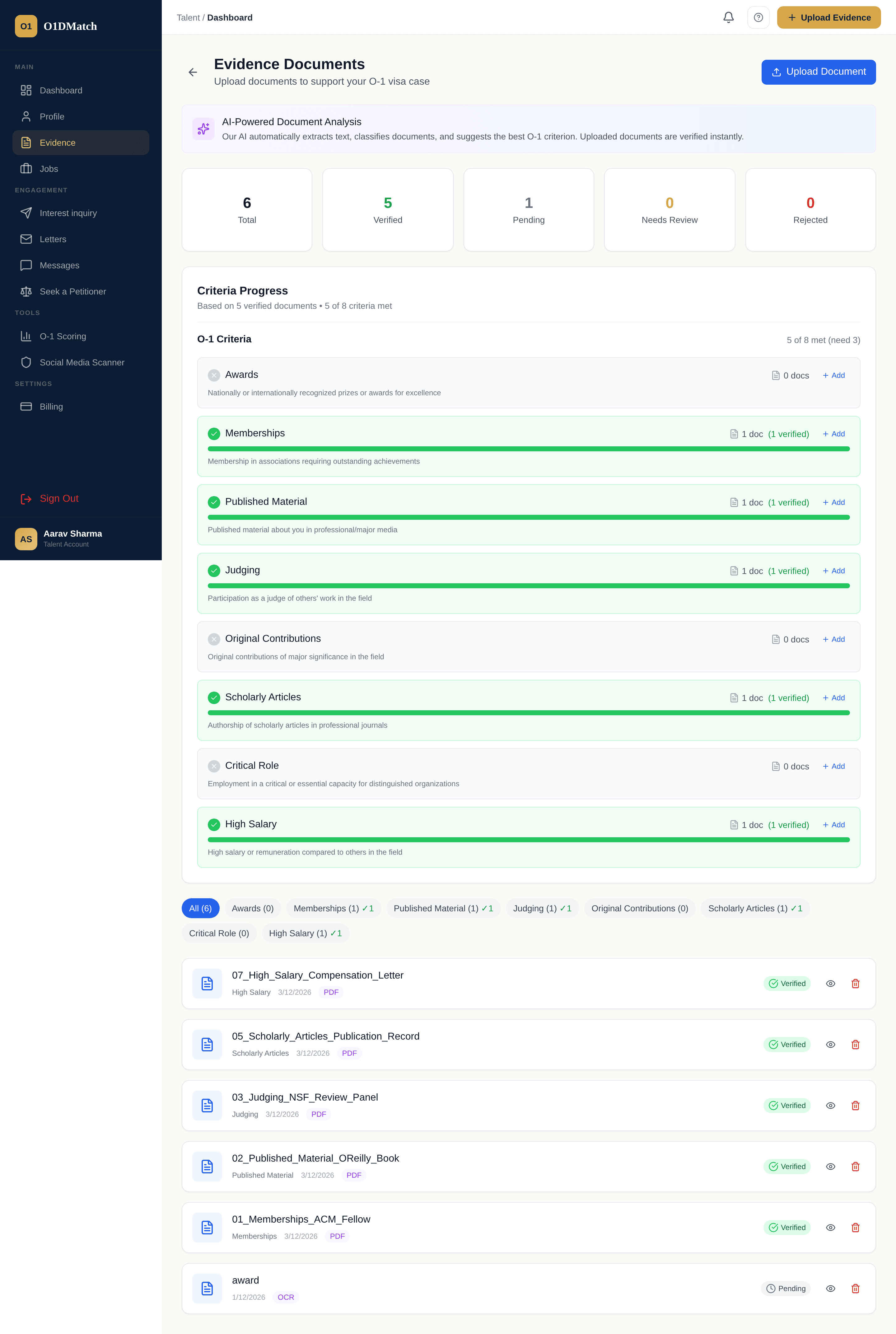 Evidence classifier in talent dashboard